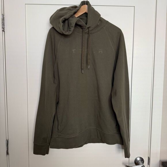 Tesla Hoodie Sweatshirt Mens Sz L Military Green Pullover Logo Electric Car Elon - Picture 1 of 12